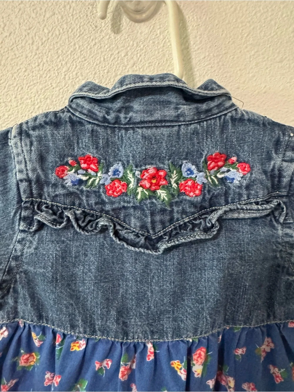 Vintage OshKosh B'gosh Denim Tiered Mixed Floral Dress Pearl Snap Western-12M